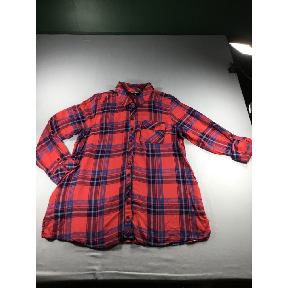 Tolani Collection Plaid Floral Mixed Media Tunic Coral Red Blue Avante Garde LP